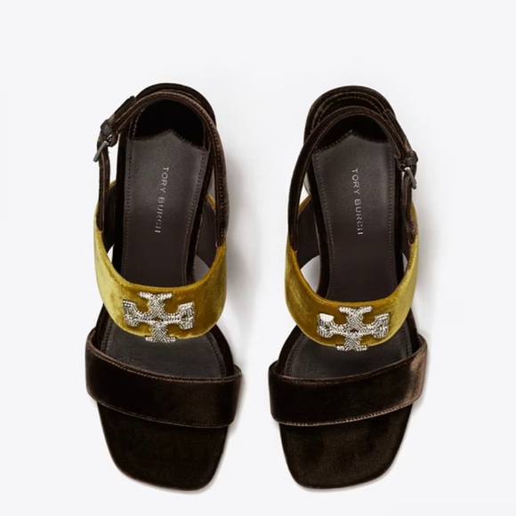 Tory Burch Eleanor Pave Heel Sandal Velvet Pumpkin Seed Color Womens Size 6 - Picture 2 of 2